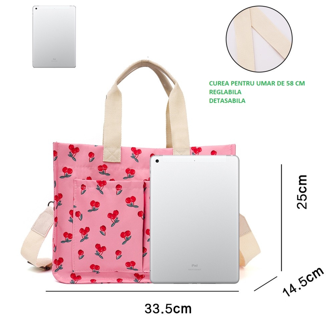 Geanta de Mana/Umar, Multifunctionala, Flippy, Inchidere cu Capsa, Imprimeu Cirese, Material Textil, 33.5 x 25 x 14.5 cm, Roz