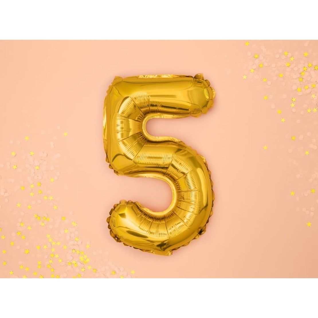 Balon din Folie Metalizata Flippy, Figurina Cifra, Tema Aniversare 100 cm, Ambalaj Individual, Pai inclus, Umflare cu Aer sau Heliu, Auriu, Cifra 5