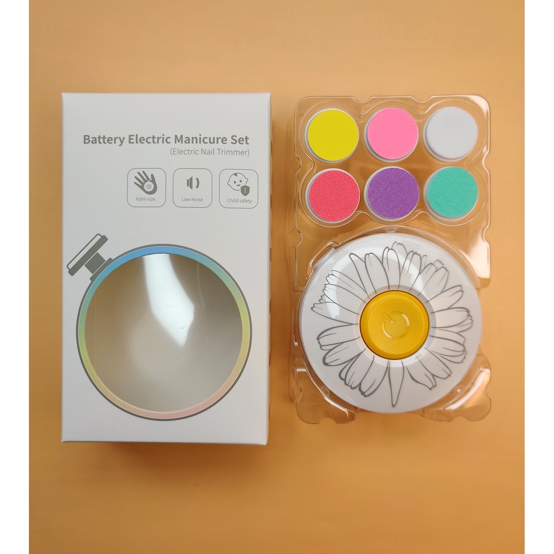 Set Pila Electrica pentru Copii si Bebelusi, Flippy, ABS, Incarcare USB, Model cu Flori, 6 Accesorii, cu Lumina LED, Alb