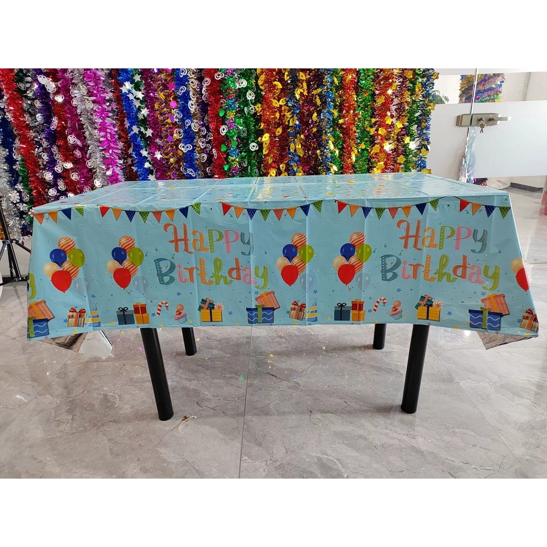 Fata de Masa, Flippy, din Folie, Imprimeu Happy Birthday cu Baloane, 137 x 183 cm, Albastru