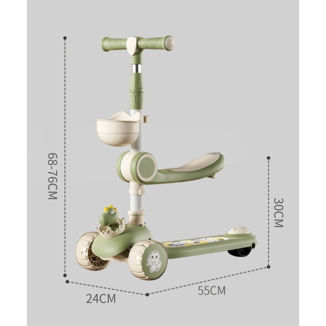 Trotineta Multifunctionala 3 in 1, Flippy, pentru Copii, 1-7 Ani, cu Lumini si Muzica, Reglabil 360, Pliere Usoara, Reglarea Inaltimii, Model Dinozaur, Bej/Verde