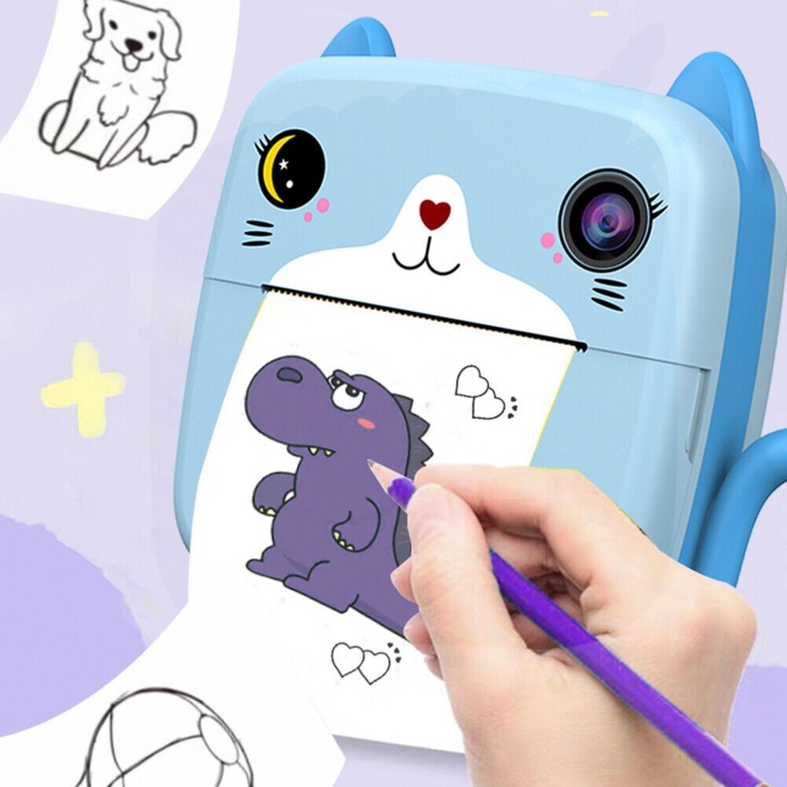 Camera Instantanee pentru Copii, Flippy, cu Functie de Printare, Camera Frontala + Selfie, Cablu USB-C, Bluetooth, Compatibil iOS/Android, Imprimare APP, Model Pisica, Albastru