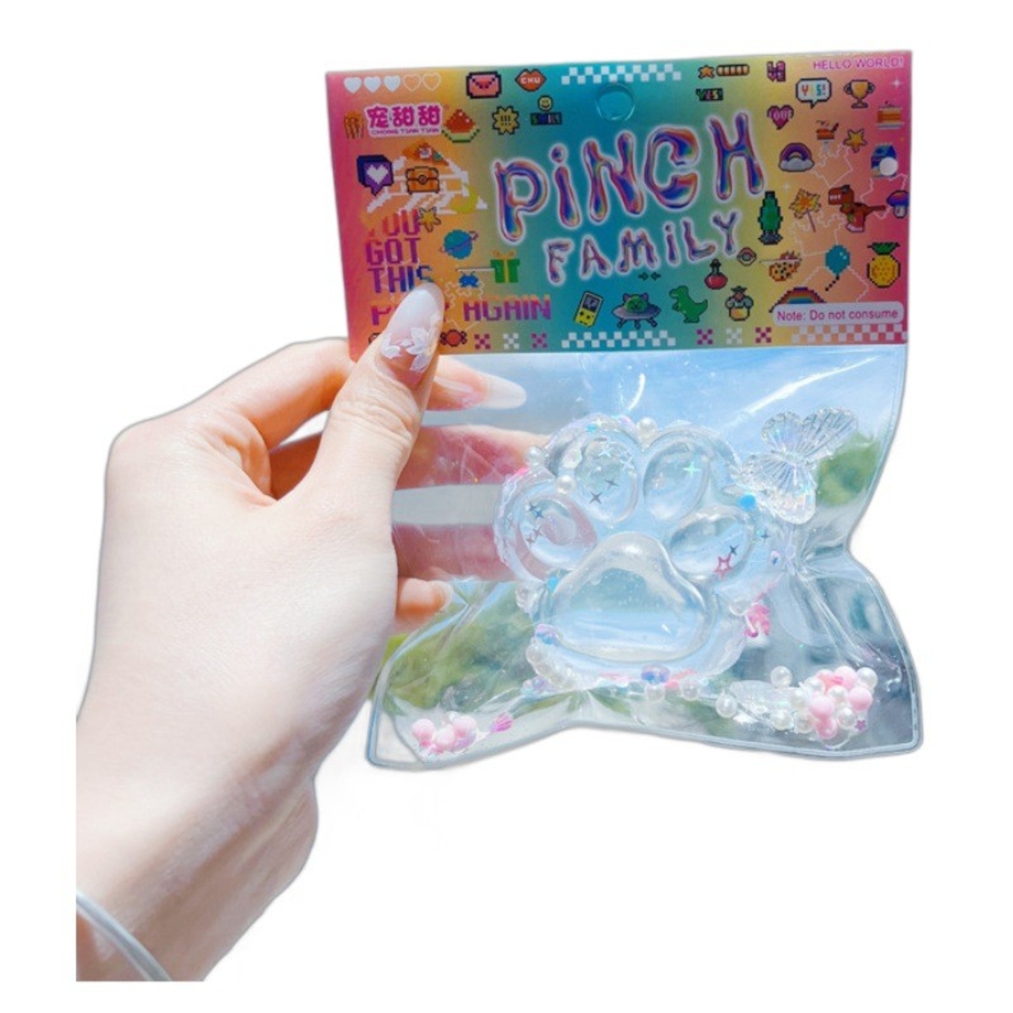 Jucarie Antistres Squishy, Flippy, Labuta de Pisica Pufoasa, cu Revenire Lenta, 6 x 6 cm, Model Crystal Ice, Transparent