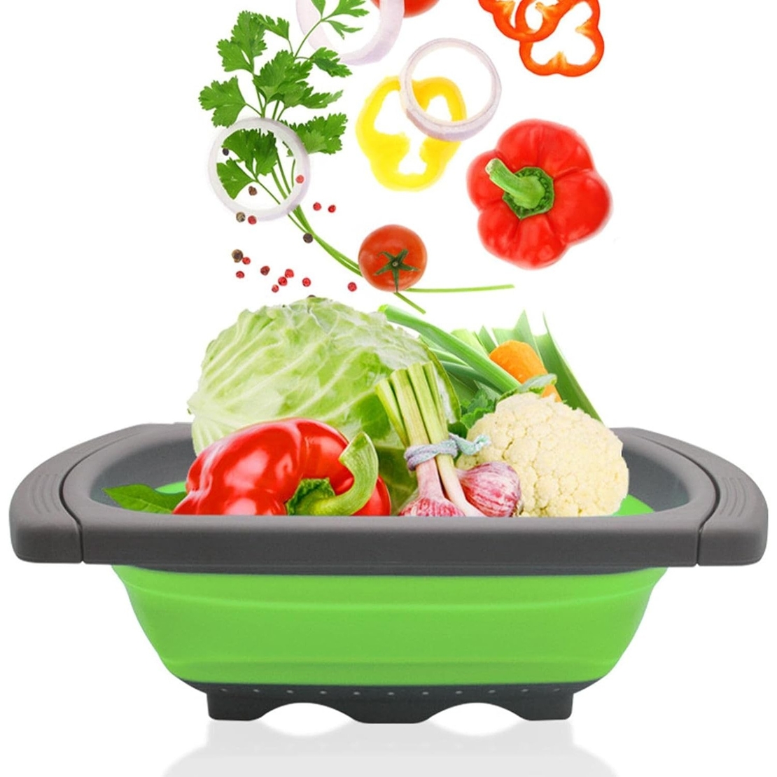 Cos de Scurgere Retractabil pentru Chiuveta, Flippy, cu Filtru, pentru Fructe si Legume, de Uz Casnic, 39x12 cm, Design Extensibil pana la 61 cm, cu Manere de Prindere, Verde