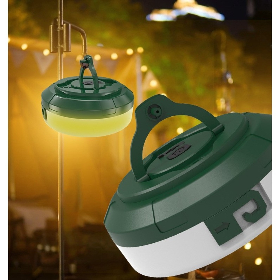 Lumină de camping LED încărcare USB, Flippy, șir colorat, pentru aer liber, cort, Distanta 10 metri, 1800mAH, 10.5x4.3 cm, Alb Verde