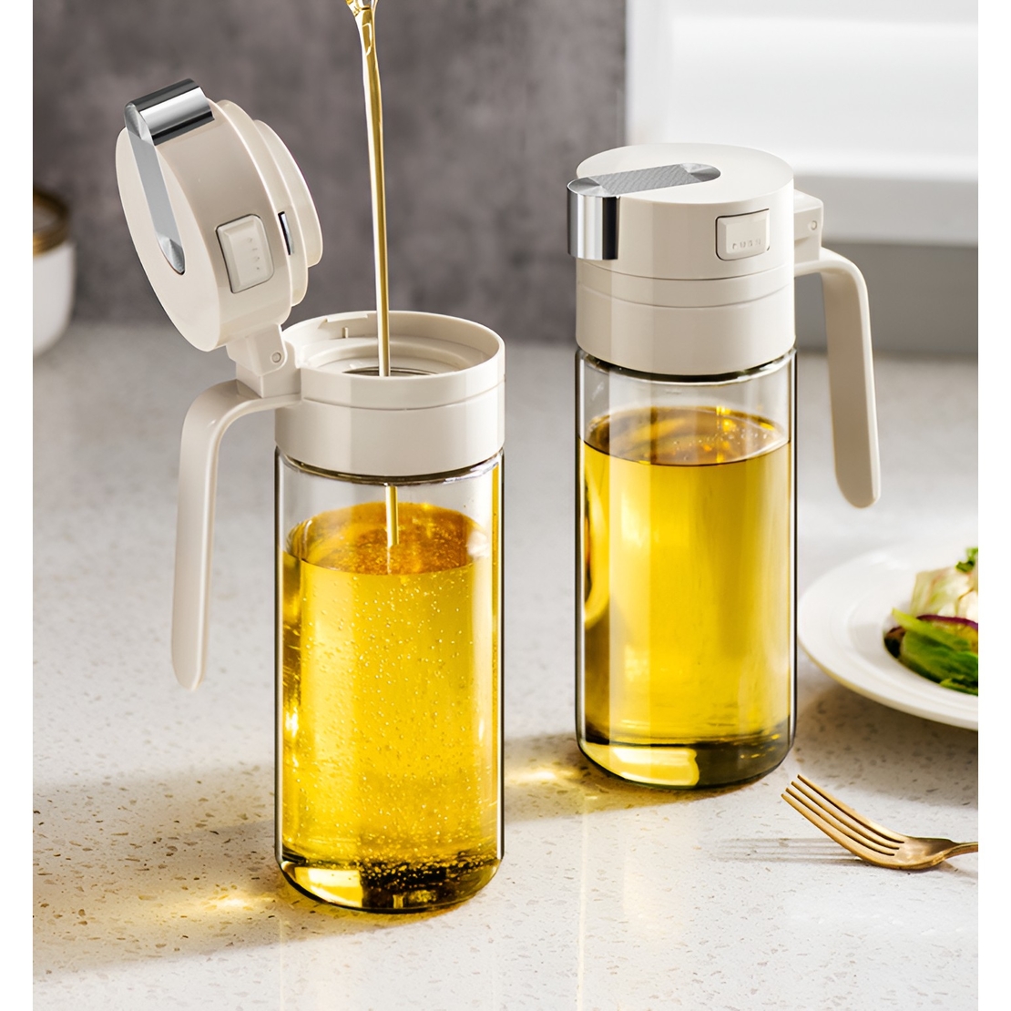 Dispenser pentru Ulei, Flippy, Deschidere si Inchidere Automata a Rezervorul, cu Inductie Gravitationala, 550 ml, 12x7.6x20.5 cm, Alb