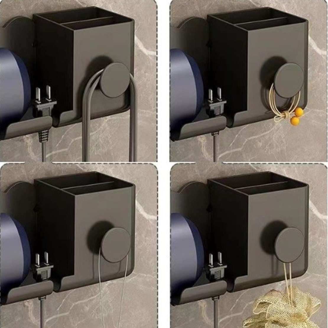 Suport de Baie, Flippy, pentru Uscator de Par, cu Organizator Dublu, din Plastic, Aplicare cu Suport Adeziv, 23 x 8.8 x 9.5 cm, Negru