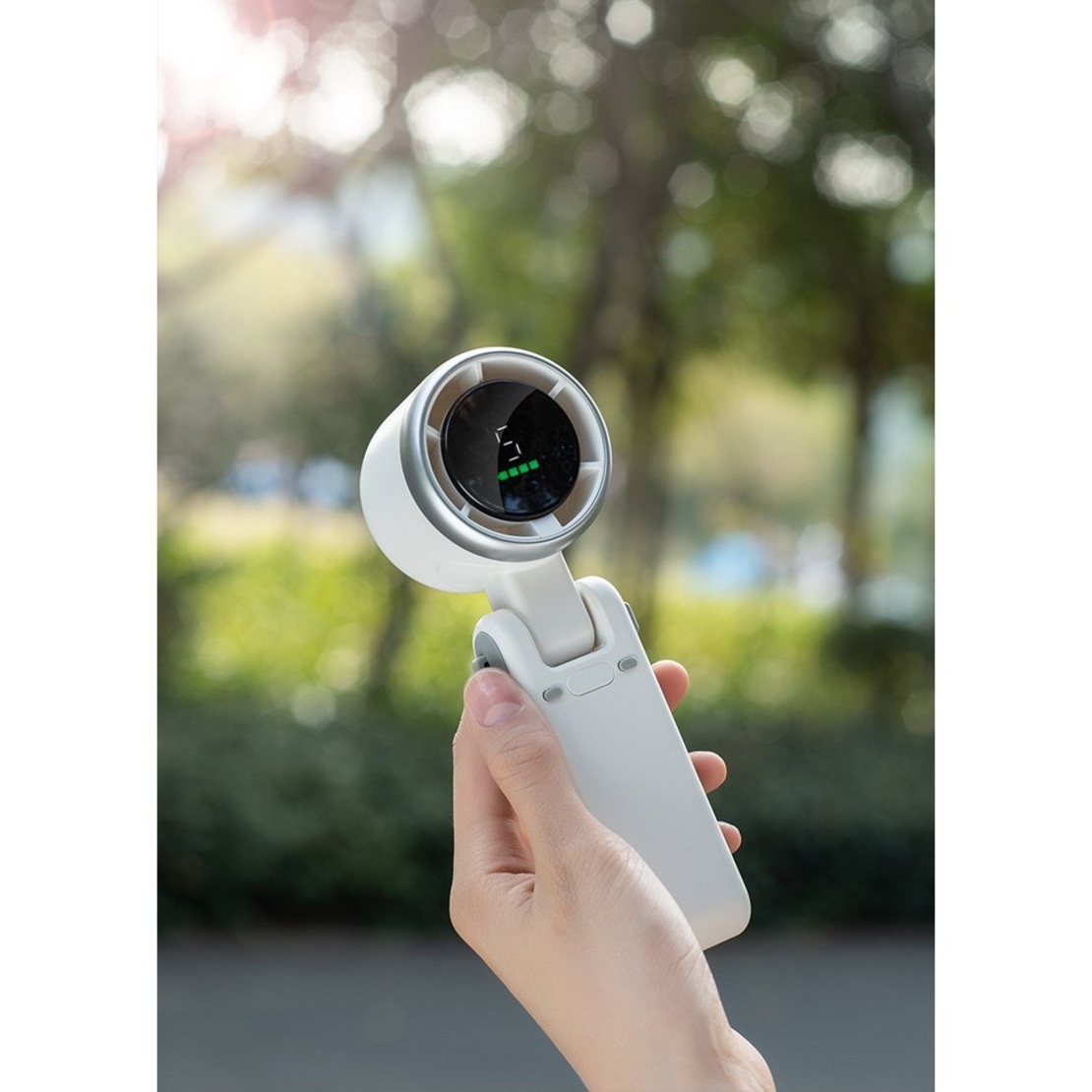 Mini Ventilator Portabil, Flippy, 5 Trepte de Viteza, Afisaj Digital, Incarcare USB, 5V, 2A, 5.95 x 5.2 x 17.2 cm, Verde