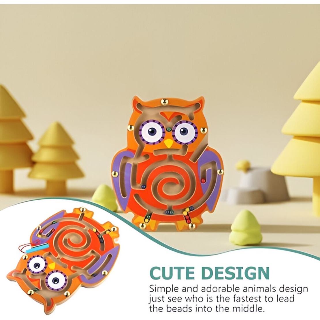 Joc Montessori cu Bile, Flippy, Creion Magnetic, Tip Labirint, din Lemn, Model Bufnita, 18.5x17.5 cm, Portocaliu-Mov