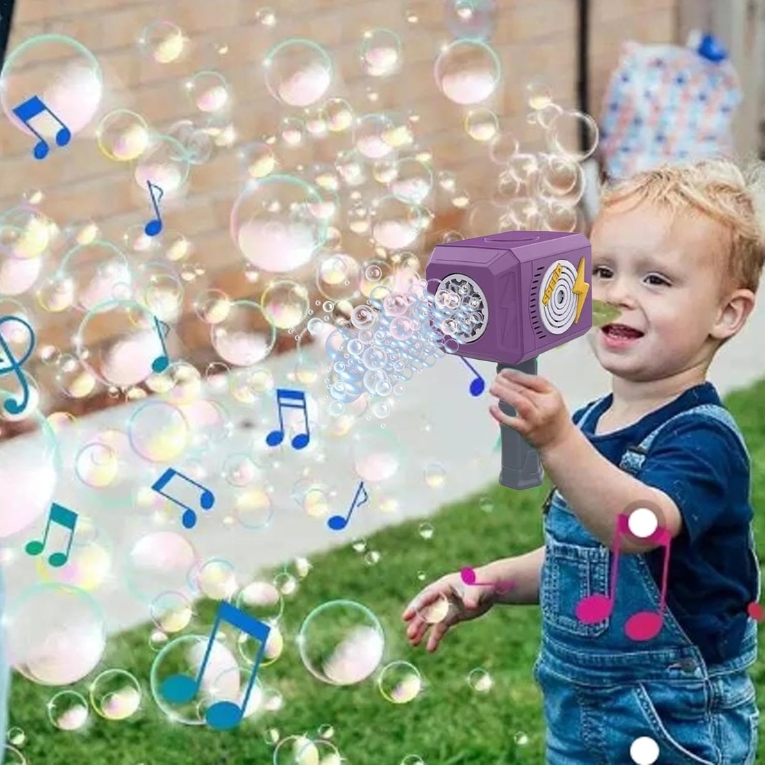 Jucarie Interactiva pentru Baloane de Sapun, Flippy, Sunete si Lumini, Model Ciocan, cu 8 Orificii, 13.5 x 10 x 12 cm, Mov