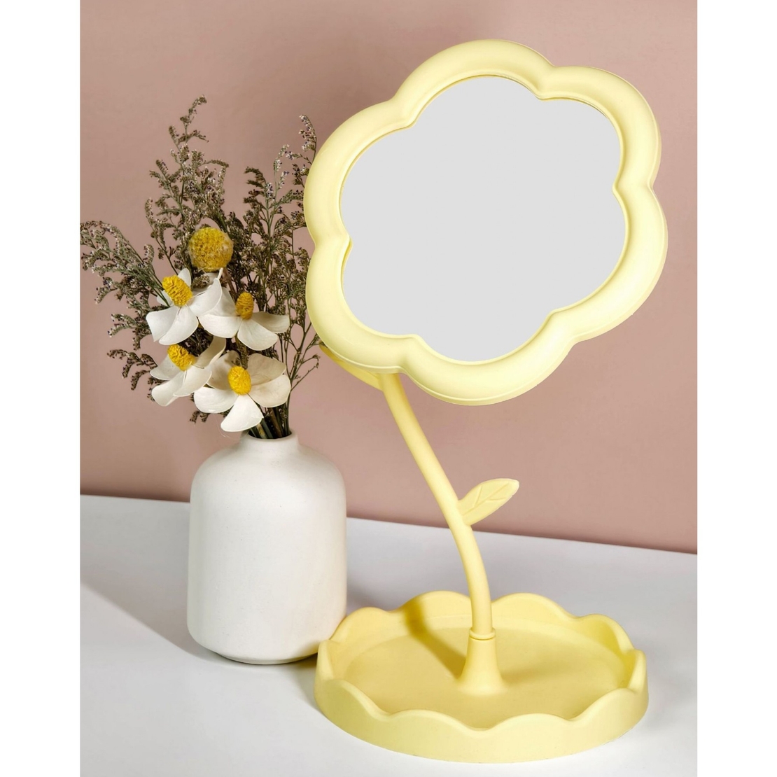Oglindă de Machiaj pentru Birou, Flippy, Rotativă, Detasabilă, Model de Floarea Soarelui, Suport pentru Inele, cu Depozitare, Galbena