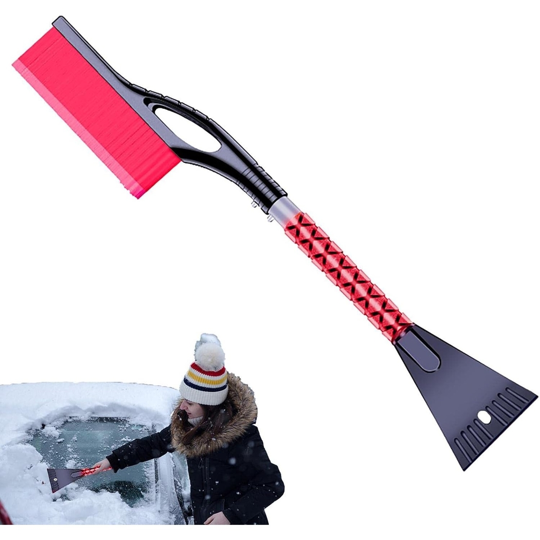 Perie de Zapada cu Racleta pentru Masina, Flippy, Multifunctionala, Demontabila, cu Maner Antiderapant, Aluminiu, Plastic, Fragmentarea Ghetii de pe Parbriz, Solutia pentru Iarna, pentru Dezghetare, 68x24x11.1 cm, Rosu