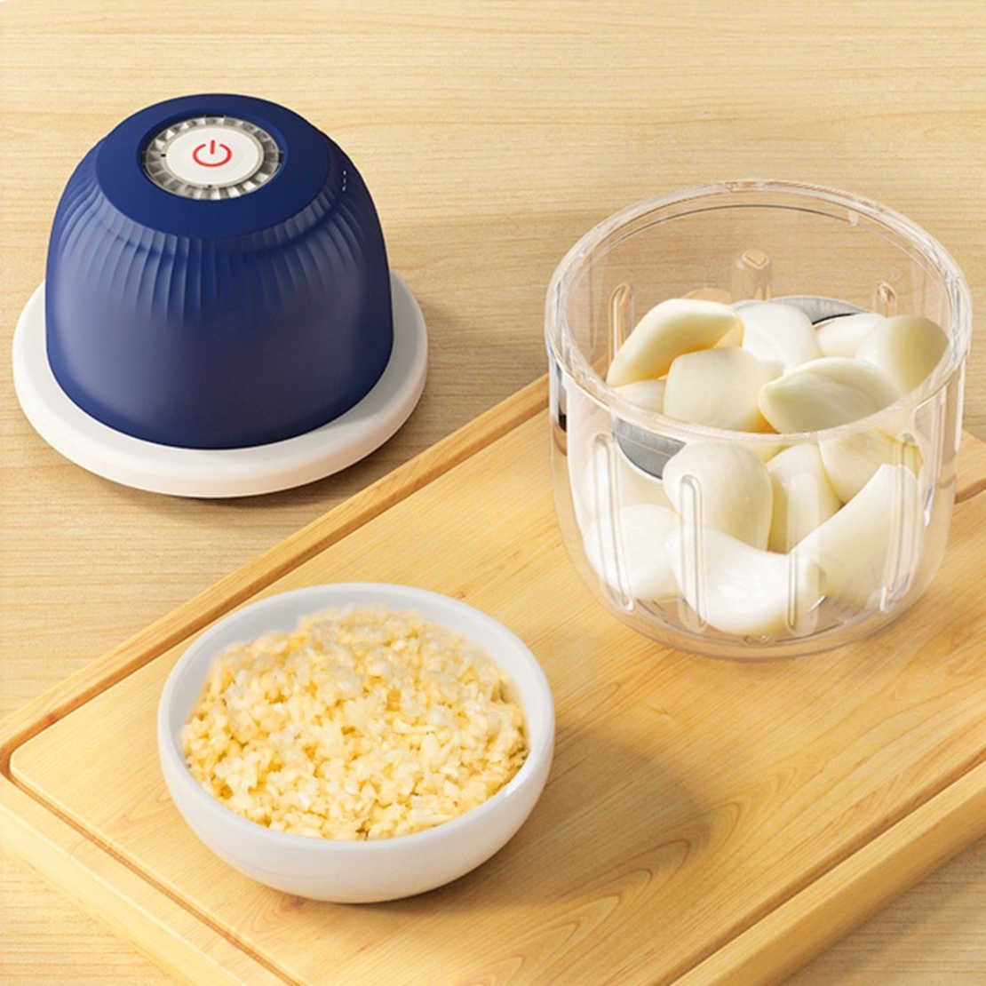 Tocator Electric pentru Bucatarie, Flippy, Model Presa Electrica pentru Legume Fructe Carne Umpluturi Sosuri, Otel Inoxidabil, 14 x 10.5 x 10.5 cm, 350 ml, Albastru Inchis