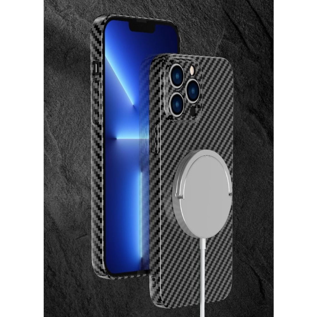 Husa de protectie pentru iPhone 14 Pro, Flippy, Magnetica, MagSafe, Carbon Fiber Protectie Antisoc, Negru