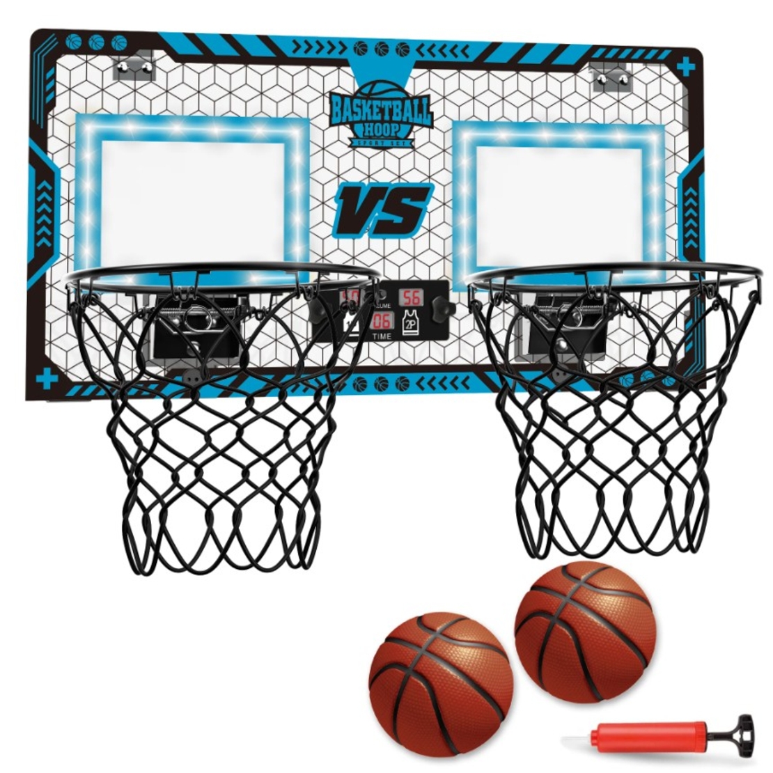 Set 2 Cosuri de Baschet pentru Copii, Flippy, cu Tablou de Bord Electronic, Pentru 2 Jucatori, Minge, Pompa, 2 Moduri, Interior/Exterior, Inel Metalic si Rabatabil cu Arc, Luminos, 60x31x6 cm, Multicolor