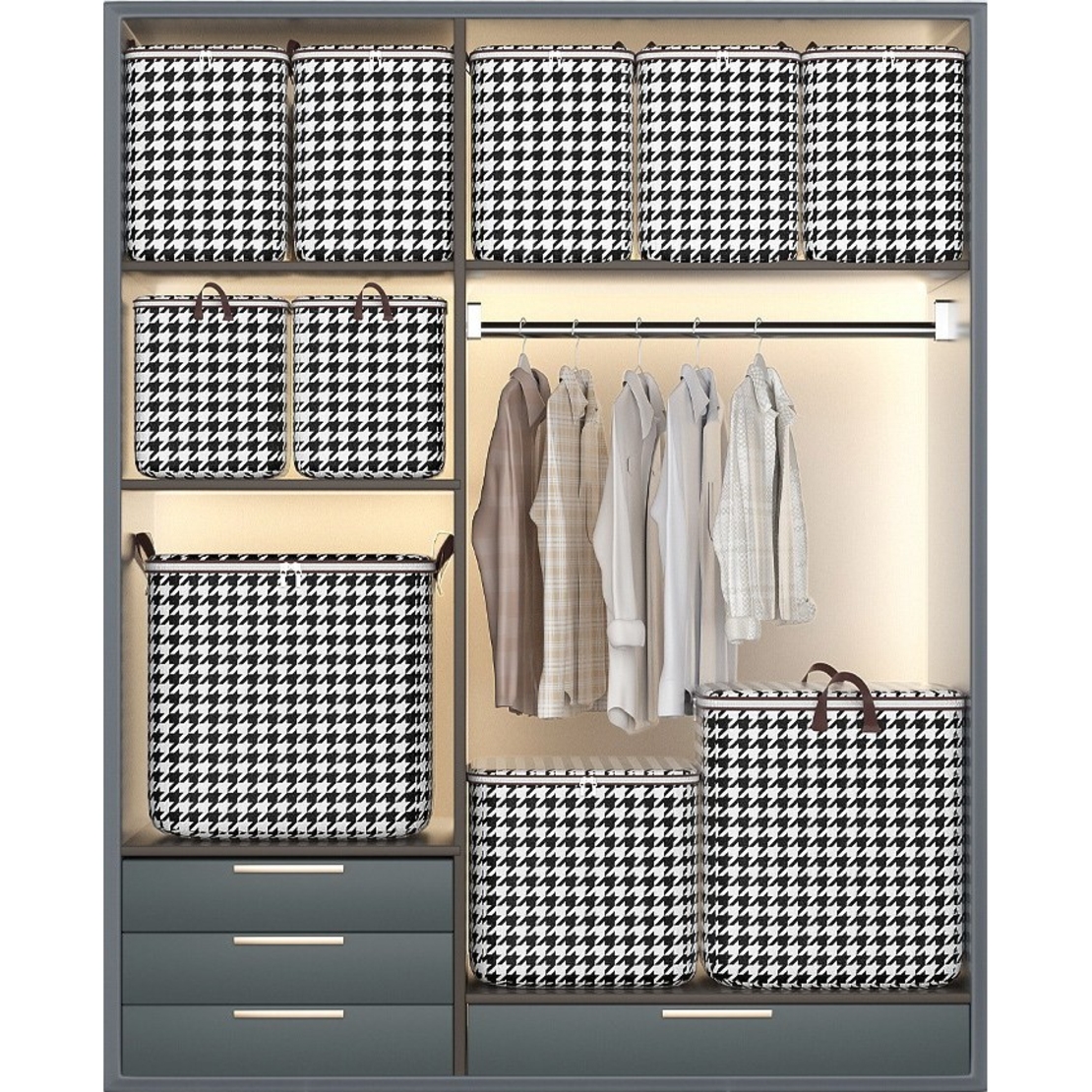 Cutie de Depozitare cu Fermoar, Flippy, Pliabila, Maner Ranforsat, Fermoar Rezistent, pentru Haine, Paturi, Plapumi, Perne, Lenjerii de Pat, Jucarii, 80 Litri, in Carouri, Alb-Negru