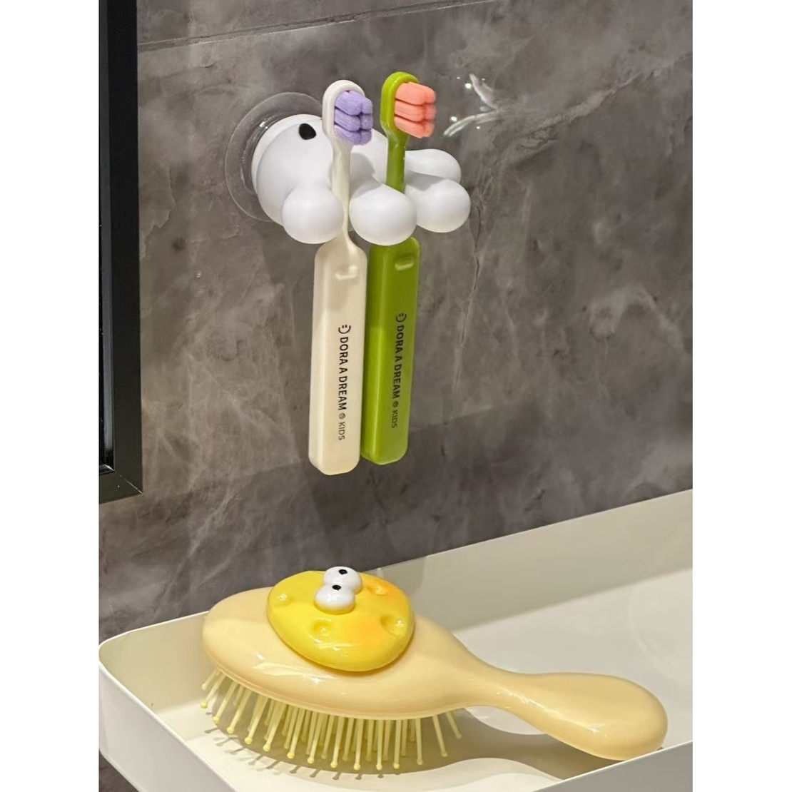 Suport de Baie, Flippy, Multifunctional, pentru Periute/Cabluri, din PVC, cu Ventuza, Model Manusa Mickey Mouse, 7 x 6.5 cm, Alb