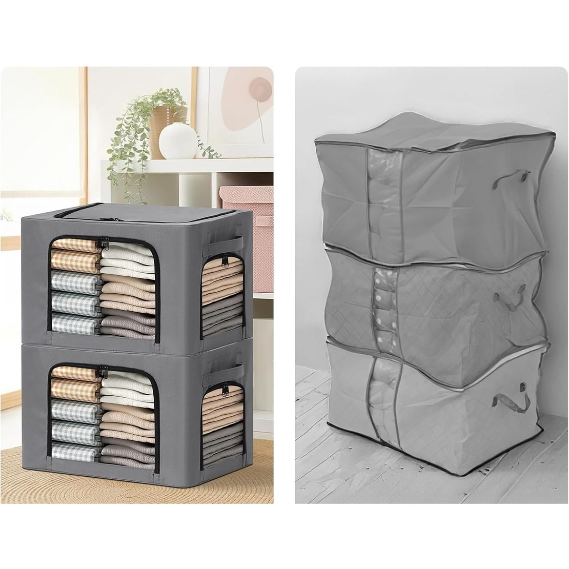 Cutie de Depozitare, Flippy, cu 3 Ferestre cu Fermoar Bidirectional, Cadru din Otel, Impermeabil, 38L, 42 x 30 x 30 cm, Gri Inchis