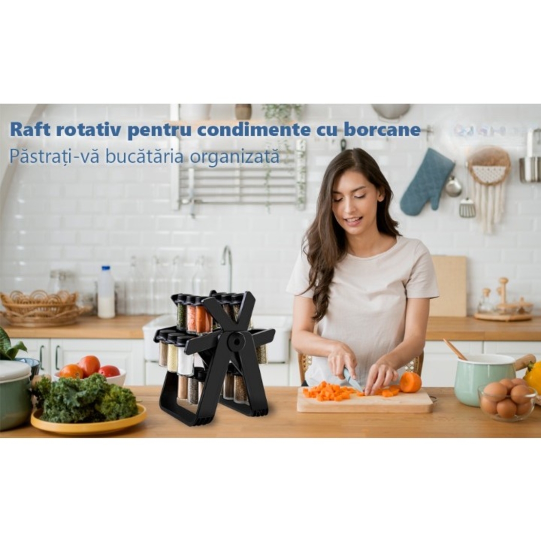 Suport Pentru Condimente Rotativ, Flippy, Multifunctional, Pivotant 360°, Portabil, Usor de Montat, 34x23 cm, ABS/Sticla, Negru