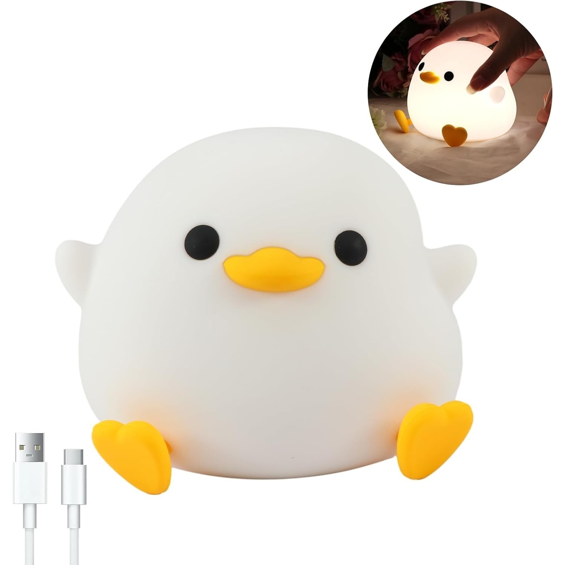 Lampa de Veghe pentru Copii, Flippy, din Silicon, Senzor Tactil, Model Ratusca, Lumina Calda, Timer Automat, Protectie pentru Ochi, Incarcare USB Putere 0.5W, Capacitate Baterie Incorporata 800mAh, 12.2x10.5x9.2 cm, Alb