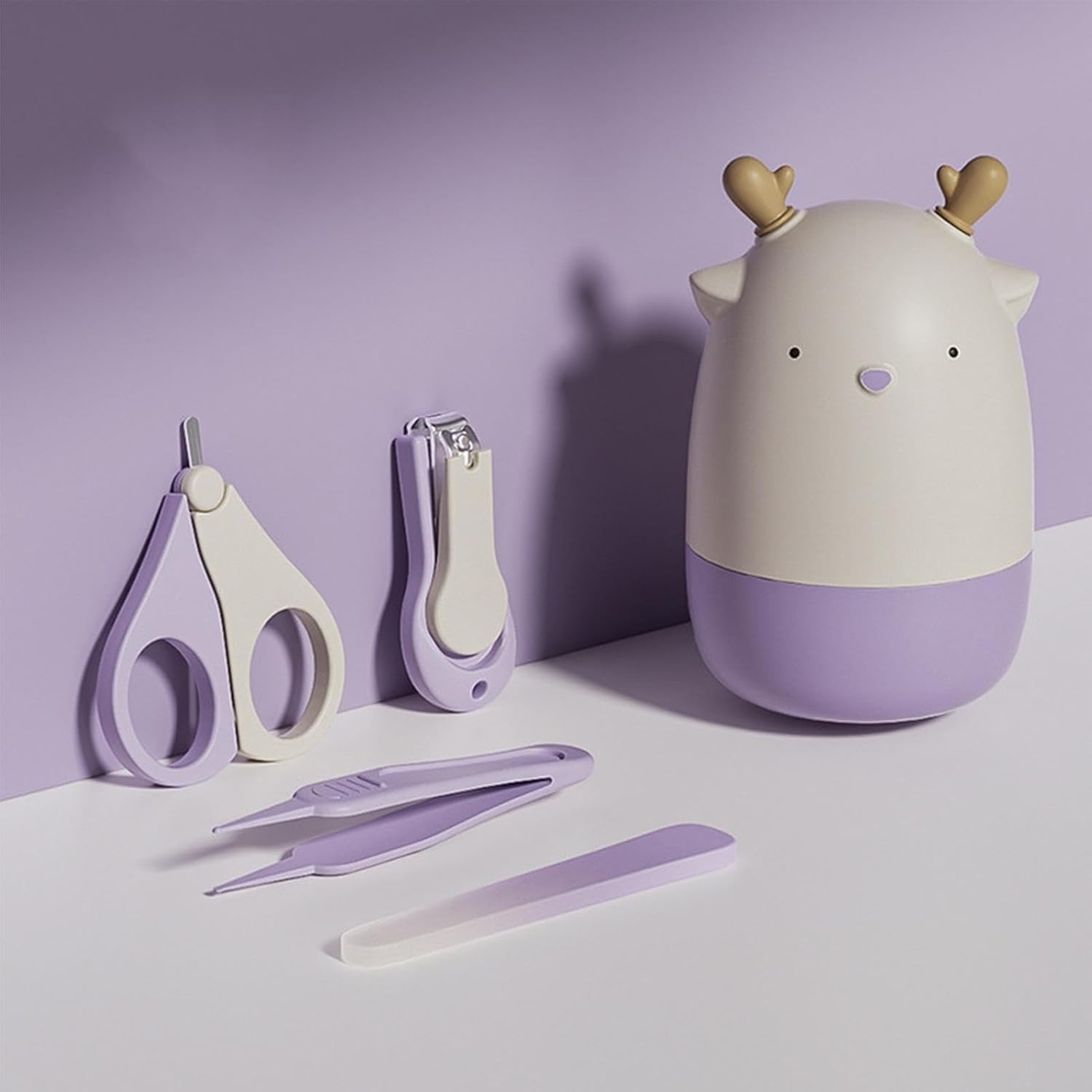 Set 4in1 de Ingrijire Unghii pentru Bebelusi, Flippy, Cutie de Depozitare Tip Cerb, 0-6 Ani, 11 x 6 x 11 cm, Mov