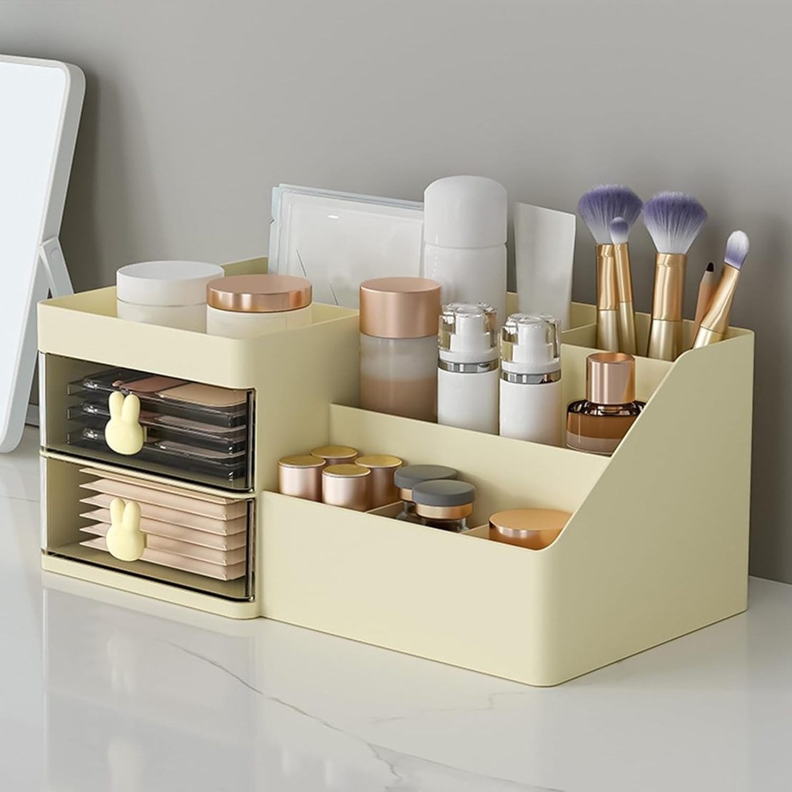 Cutie de Depozitare pentru Birou, Flippy, Pentru Makeup, Papetarie, Organizator Cosmetice, 2 Sertare si Compartimente Multiple, Model Iepuras, Plastic, 27.5x15.5x12 cm, Crem