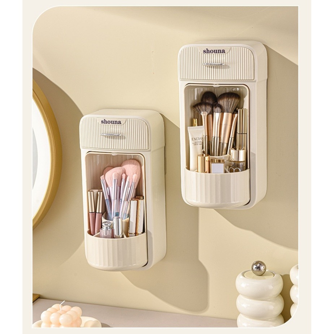 Organizator Baie, Flippy, 4 Compartimente si 1 Sertar, Rotire 360 Grade, din PP+PET, 27.5 x 16 x 11 cm, Crem