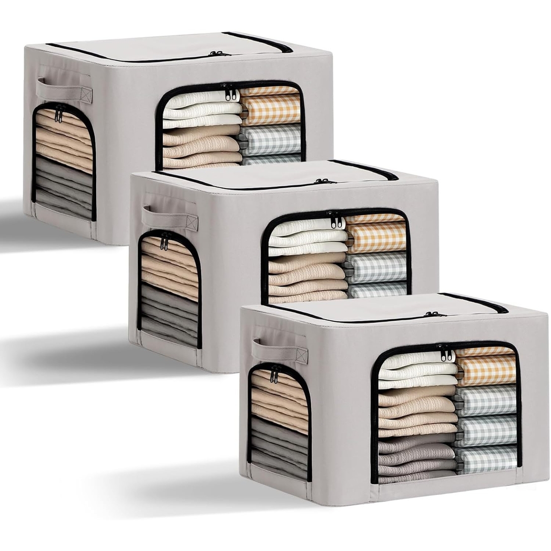 Cutie de Depozitare, Flippy, cu 3 Ferestre cu Fermoar Bidirectional, Cadru din Otel, Impermeabil, 38L, 42 x 30 x 30 cm, Gri