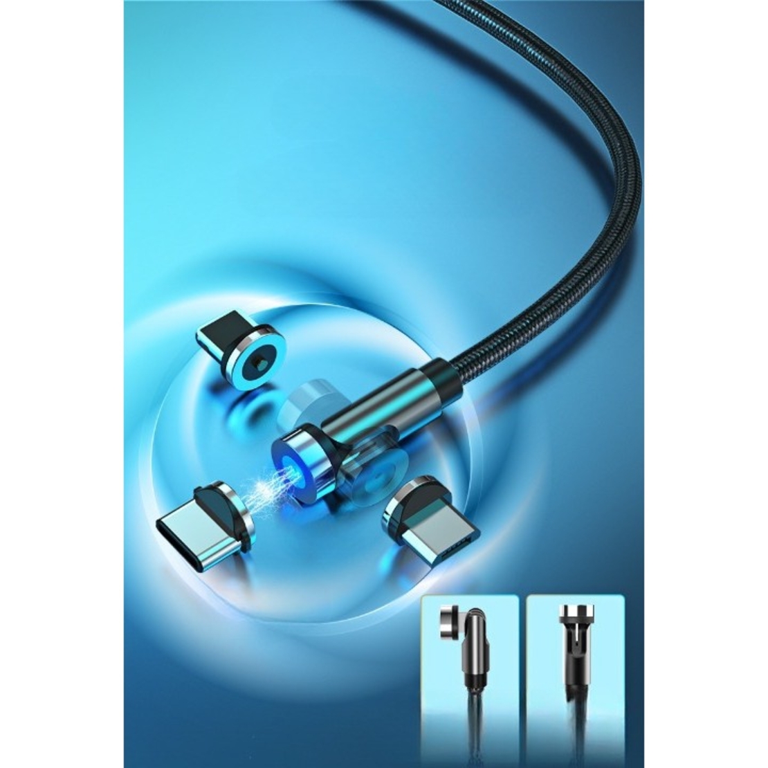 Cablu de incarcare magnetic 3 in 1 360 grade + 180 grade, 1 m, micro, type C, iPhone,  5 V, 2.1 A, Negru