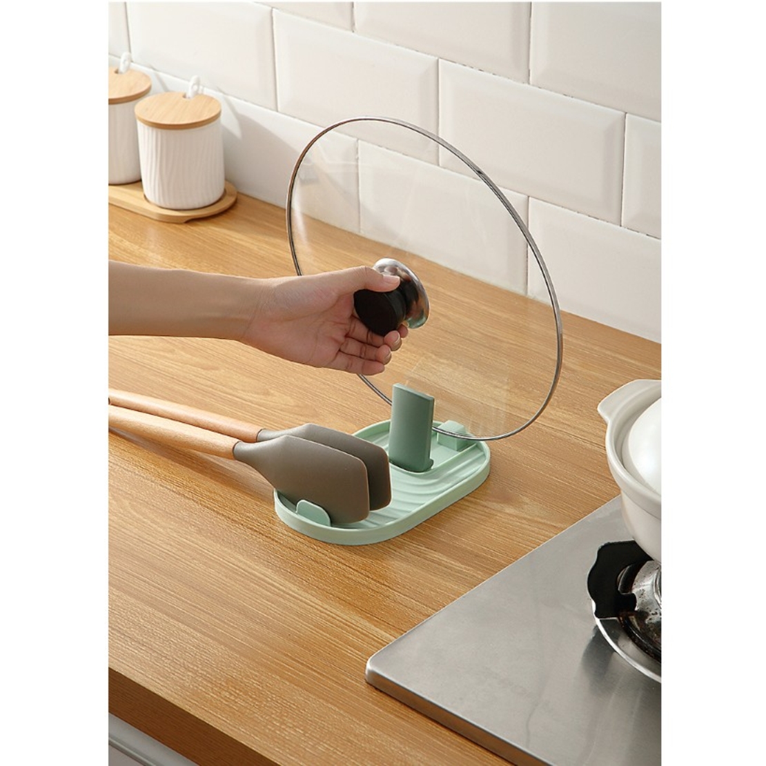 Suport Pliabil, Flippy, pentru Capace, Linguri, Multifunctional, Plasare pe Blatul de Bucatarie, 11.5 x 18 x 2.2 cm, Alb