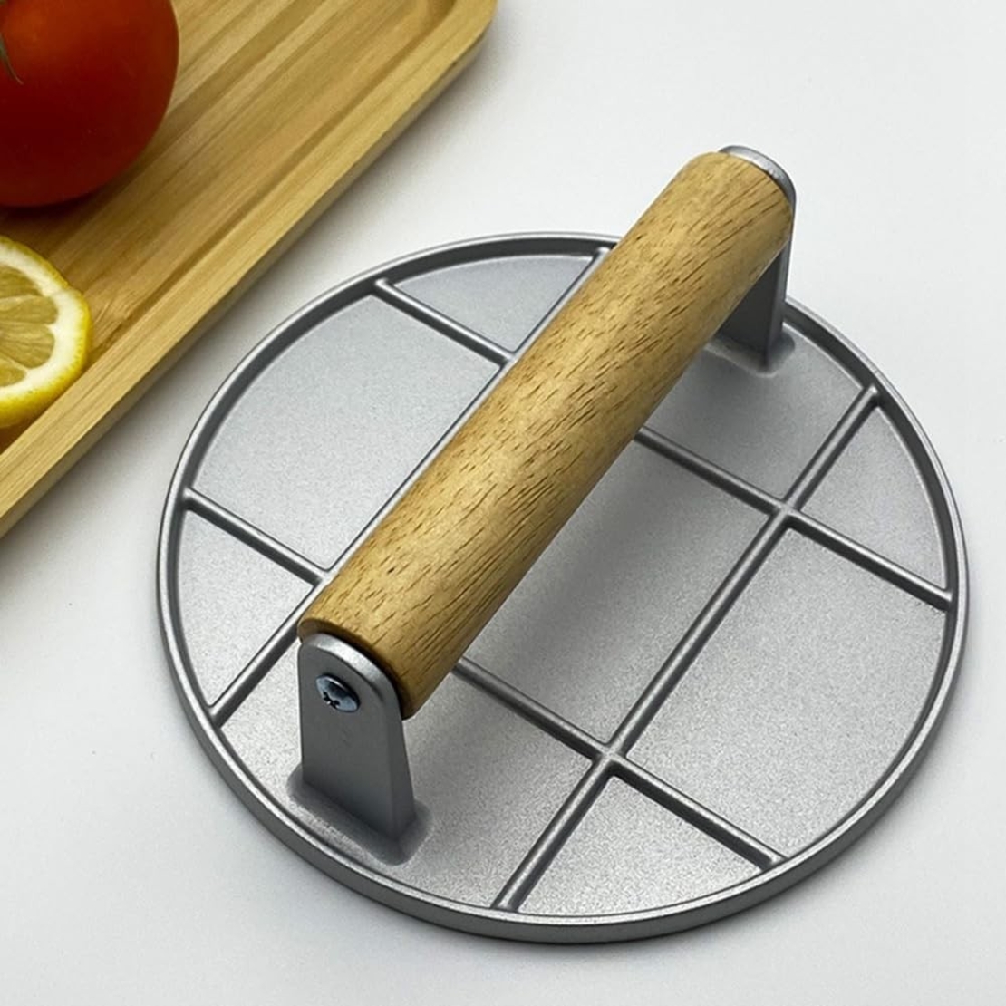 Presa Manuala pentru Carne, Flippy, din Aliaj de Aluminiu, Maner din Lemn, Presa pentru Burgeri, Usor de Curatat si Folosit, Rotunda, 16x16x6 cm, Gri