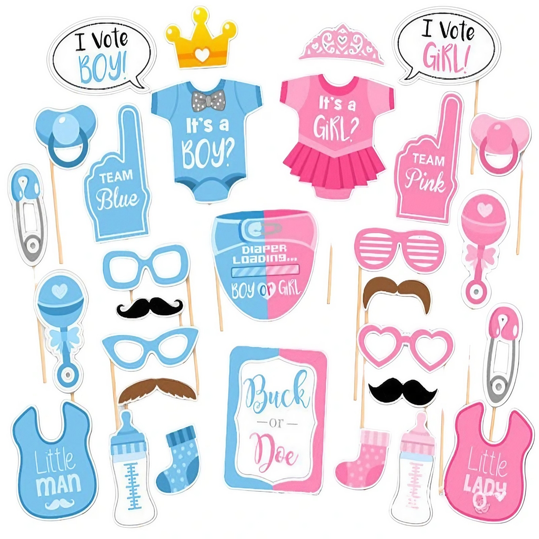 Set 30 de Accesorii pentru Petrecere, Flippy, Props pentru Coltul de Poze, Gender Reveal, Tematica Baby Shower, Albastru-Roz