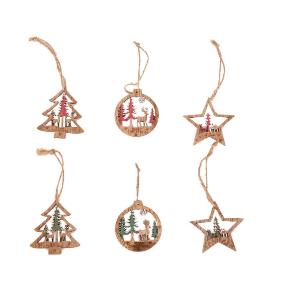 Set 6 Decoratiuni de Craciun din Lemn, Flippy, cu Snur pentru Agatare in Brad, Model Brad, Glob si Steluta, Rosu