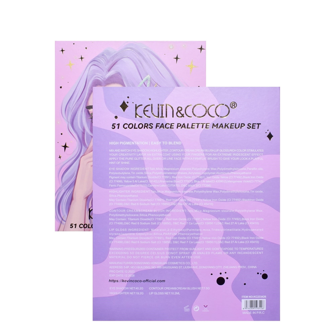Set 8 Produse de Machiaj, KEVIN & COCO, Violet Fairy, 51 culori, 19.5 x 24.5 x 2.5 cm