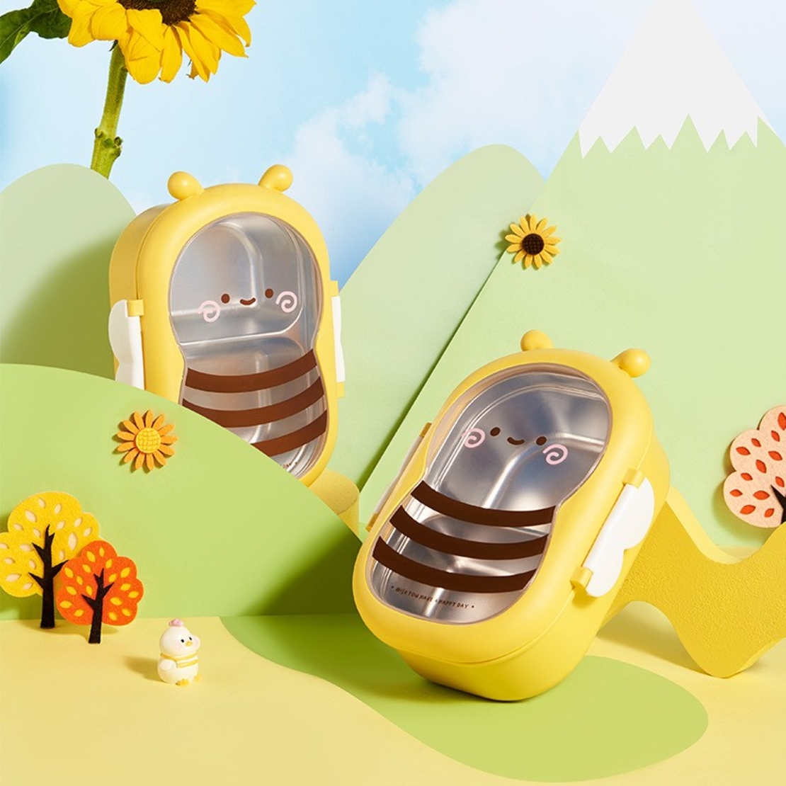 Cutie pentru Pranz, Flippy, din PP si Otel Inoxidabil, Model Albina, 2 Compartimente, 301-500 ml, Galben