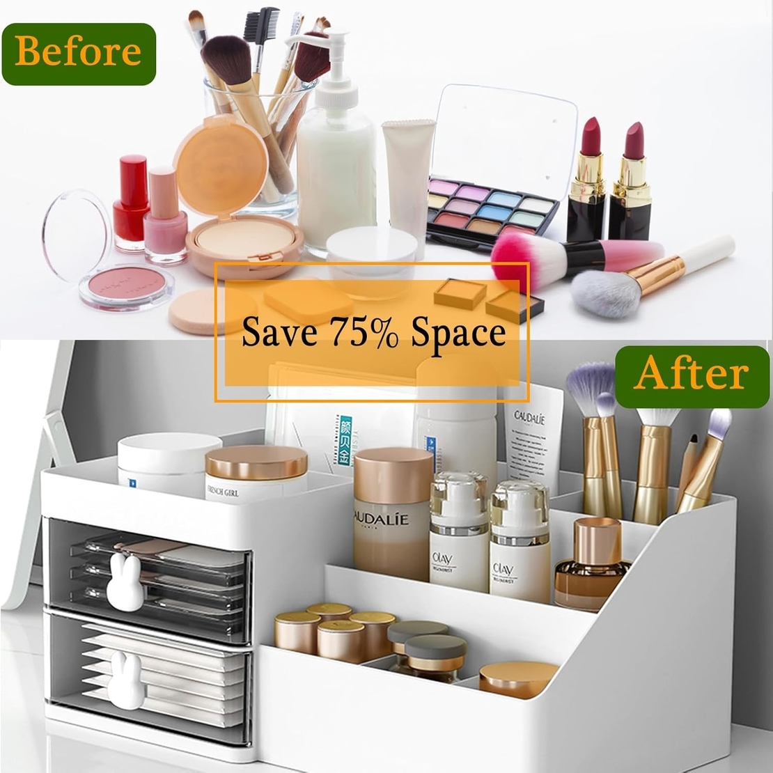 Cutie de Depozitare pentru Birou, Flippy, Pentru Makeup, Papetarie, Organizator Cosmetice, 2 Sertare si Compartimente Multiple, Model Iepuras, Plastic, 27.5x15.5x12 cm, Alb