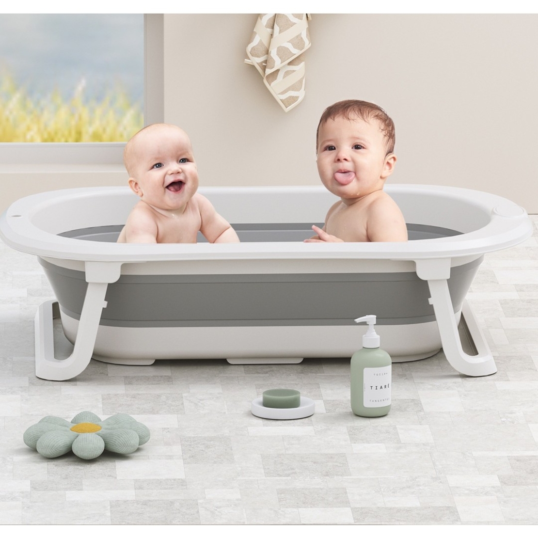 Cada de Baie Pliabila, Flippy, cu Suport, Indicator de Temperatura, 0-8 Ani, din PP+TPR, 45 l Capacitate, 80 x 50 x 23 cm, Gri