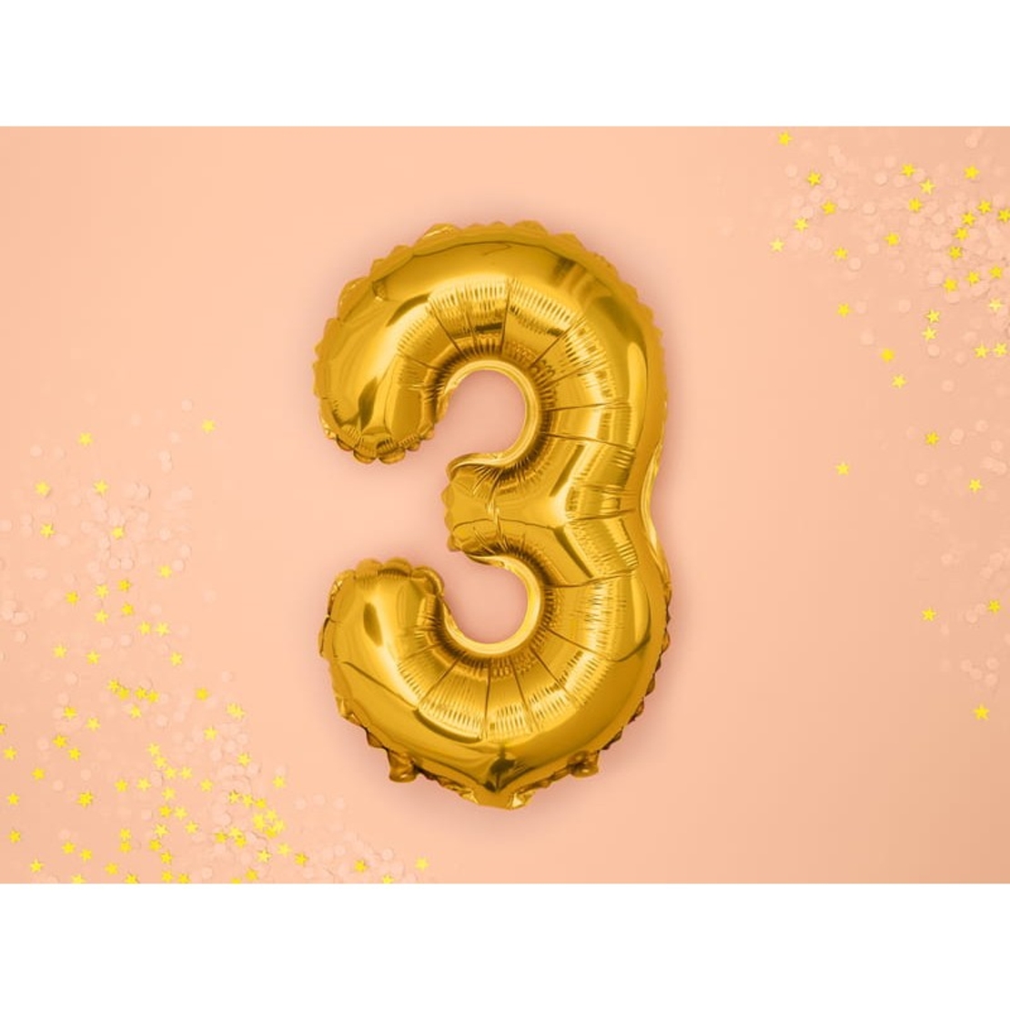 Balon din Folie Metalizata Flippy, Figurina Cifra, Tema Aniversare 80 cm, Ambalaj Individual, Pai inclus, Umflare cu Aer sau Heliu, Auriu, Cifra 3