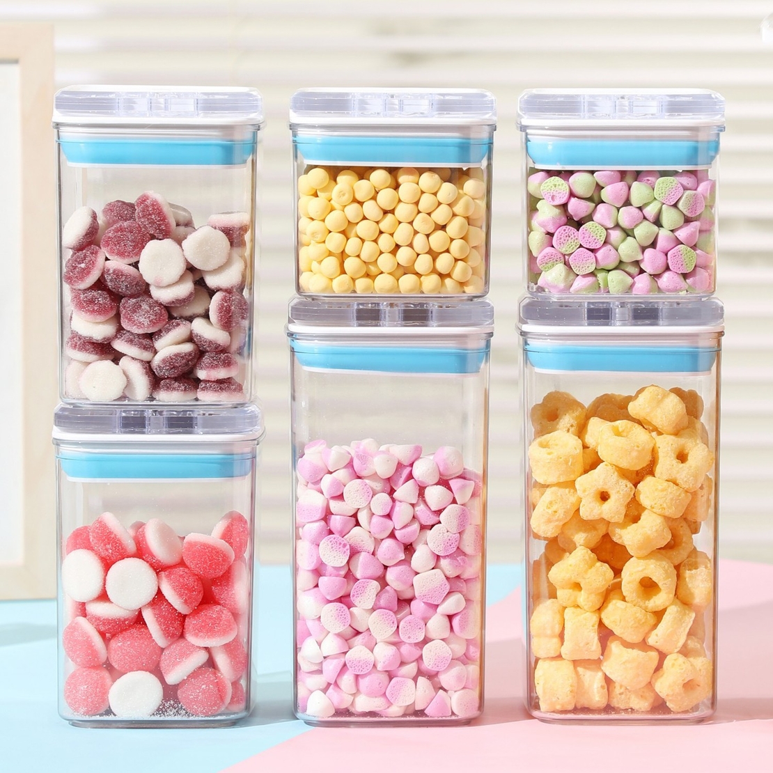 Cutii de Depozitare Alimente, Flippy, Set din 6 Cutii de tip Container, 2x0.5 l, 2x0.8 l, 2x1.2 l, Recipiente pentru Cereale in Bucatarie,  Transparente cu Capac Albastru-Alb