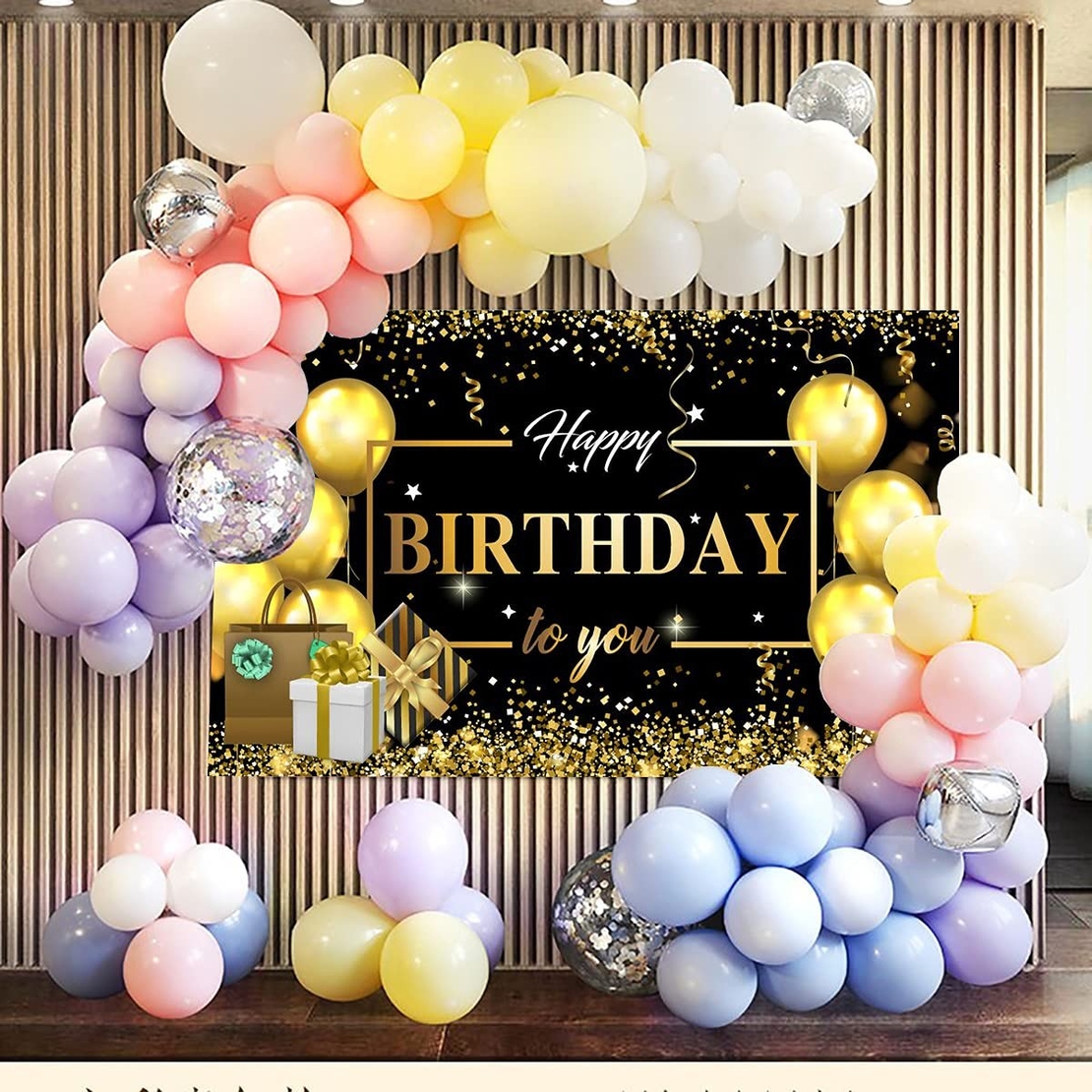 Banner Tip Fundal pentru Poze, Flippy, din Panza, Model Happy Birthday to You, 185 x 110 cm, Sfoara 6 m, Prindere in 4 Colturi, Negru/Auriu