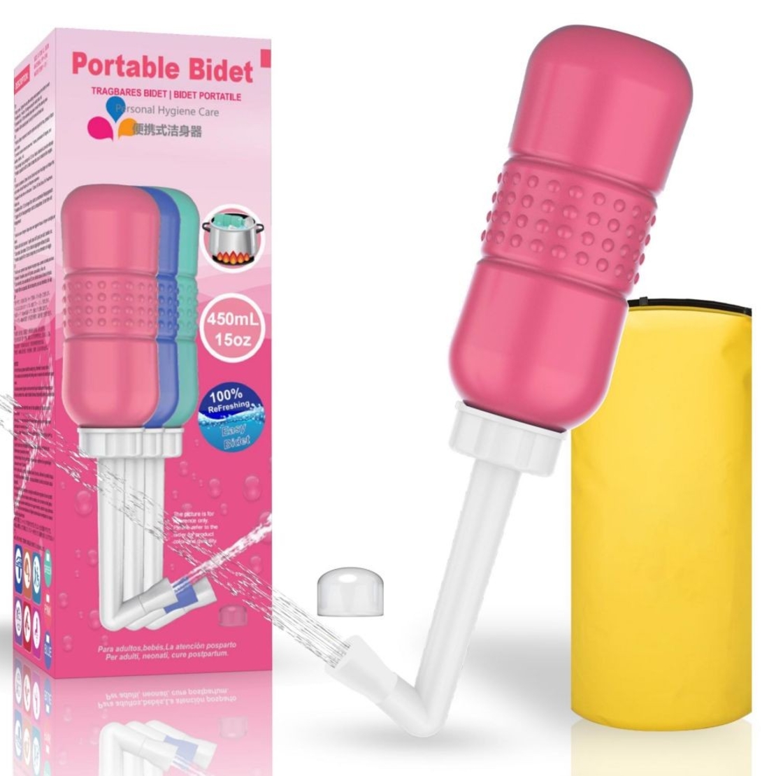 Bideu Portabil pentru Igiena Intima, Flippy, pentru Postpartum/ Postoperator, 450 mL, cu Capac si Husa Galbena, 29.5x7 cm, Culoare Recipient Roz