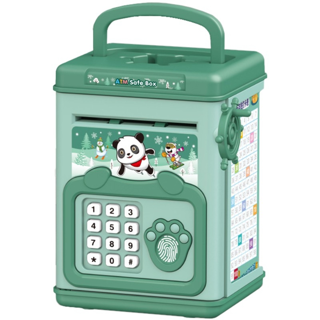 Pusculita pentru Copii, Flippy, pusculita pentru economii SMART BOX cu efecte sonore, Tip ATM, cu Parola cu Amprenta, din plastic, 20 x 13.5 x 11.5 cm Verde
