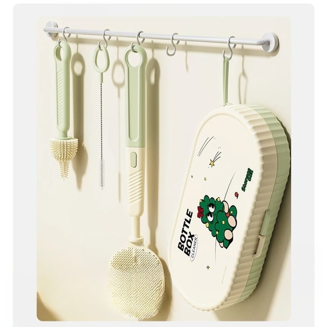 Set 7 Piese de Spalat/Uscat Biberoane, Flippy, Portabil, Peri de Silicon, pentru Tetine, Suzete, Biberoane, Paie, Cutie Inclusa, 20 x 9.5 cm, Verde