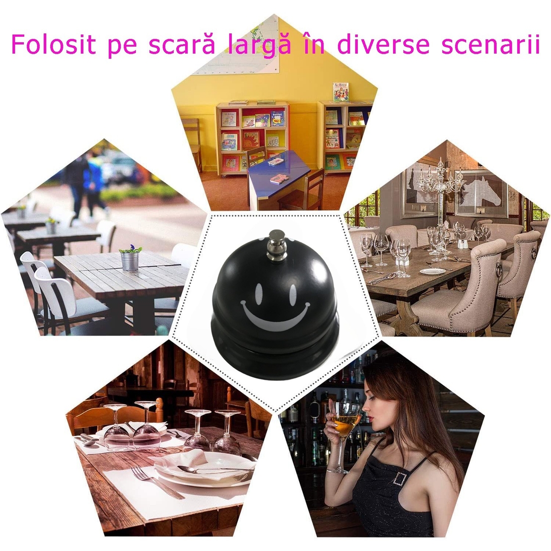 Clopotel Metalic Multifunctional, Flippy, Negru cu Imprimeu Smiley Face, 7.5x7.5x6.5 cm, Receptie, Restaurant, Cafenele