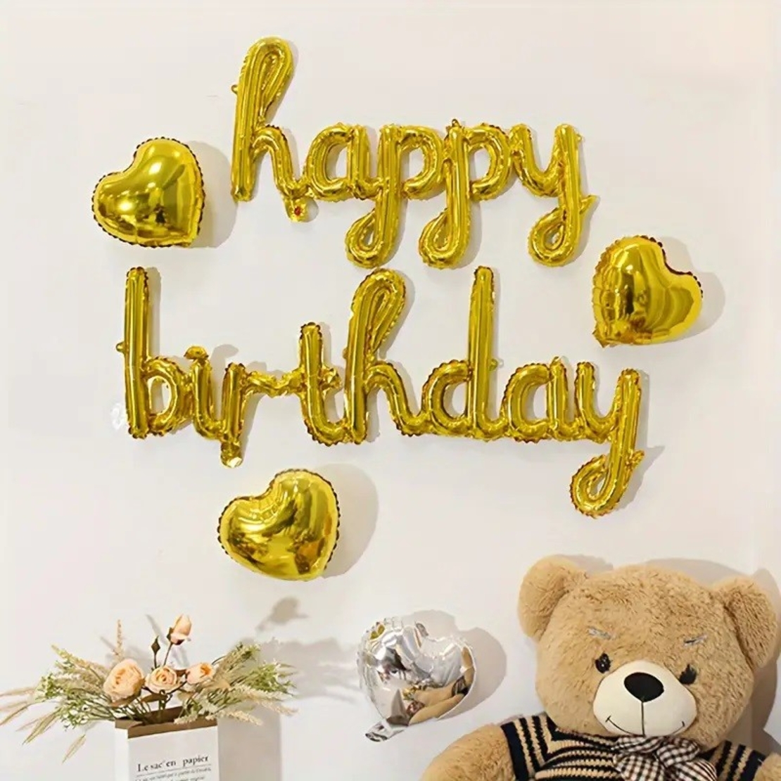 Set 10 Baloane din Folie Metalizata, Flippy, Figurine Litere, Model Scris de Mana Happy Birthday, Tema Aniversare, 40 cm, Ambalaj Individual, Pai Inclus, Umflare cu Aer sau Heliu, Auriu