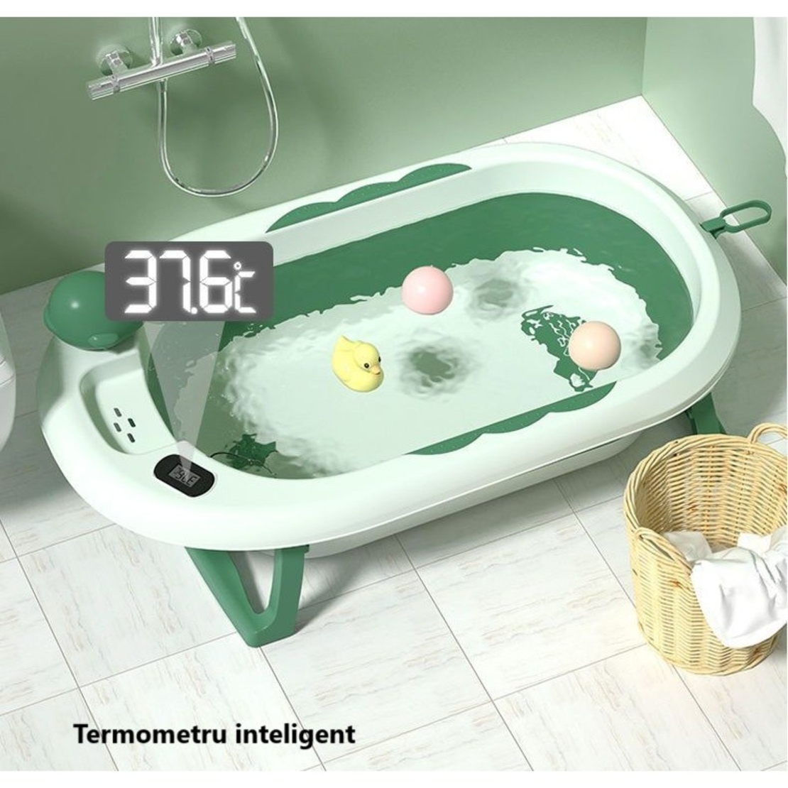 Cada de Baie, Flippy, pentru Copii 0 luni - 6 Ani, cu Termometru, Pliabila, Perna Suport Inclusa, din Plastic, 81.5 x 49 x 21.5 cm, Verde