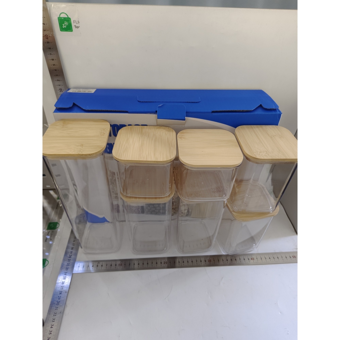 Cutii de Depozitare Alimente, Flippy, Set din 7 Cutii de tip Container, Cutii pentru Cereale, din Plastic, Capac din Bambuc, 2pc 0.5 l, 2pc 0.8 l, 2pc 1.2 l, 1pc 2.5 l, Transparente