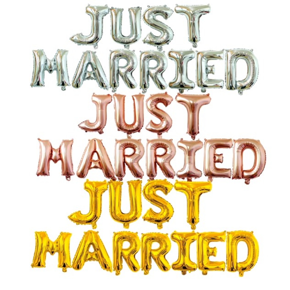 Set Baloane din Folie Metalizata, Flippy, Model Just Married, Litere de 40 cm, Baloane Party, Ambalaj Individual, Pai, Ata si Adeziv Incluse, Umflare cu Aer sau Heliu, Auriu
