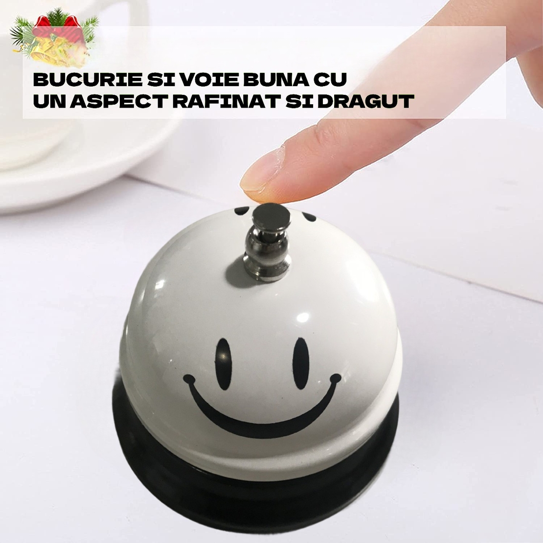 Clopotel Metalic Multifunctional, Flippy, Alb cu Imprimeu Smiley Face, 7.5x7.5x6.5 cm, Receptie, Restaurant, Cafenele