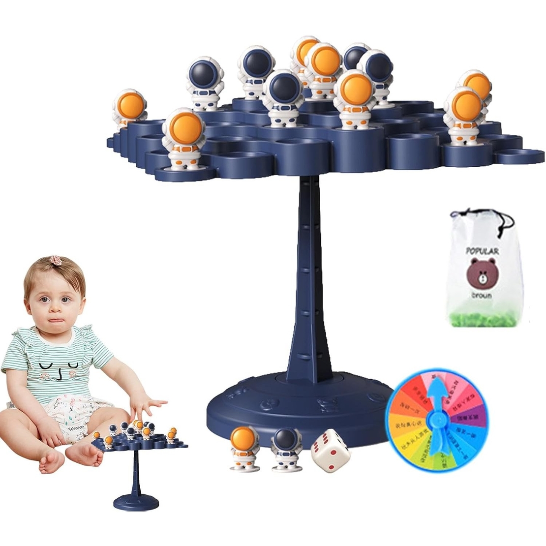 Joc Interactiv, Flippy, Astronauti in Echilibru, +3 Ani, din Plastic, 50 de Pioni, Placa de Echilibru, Roata cu Pedepse, Zar, 14 x 7 x 14 cm, Albastru